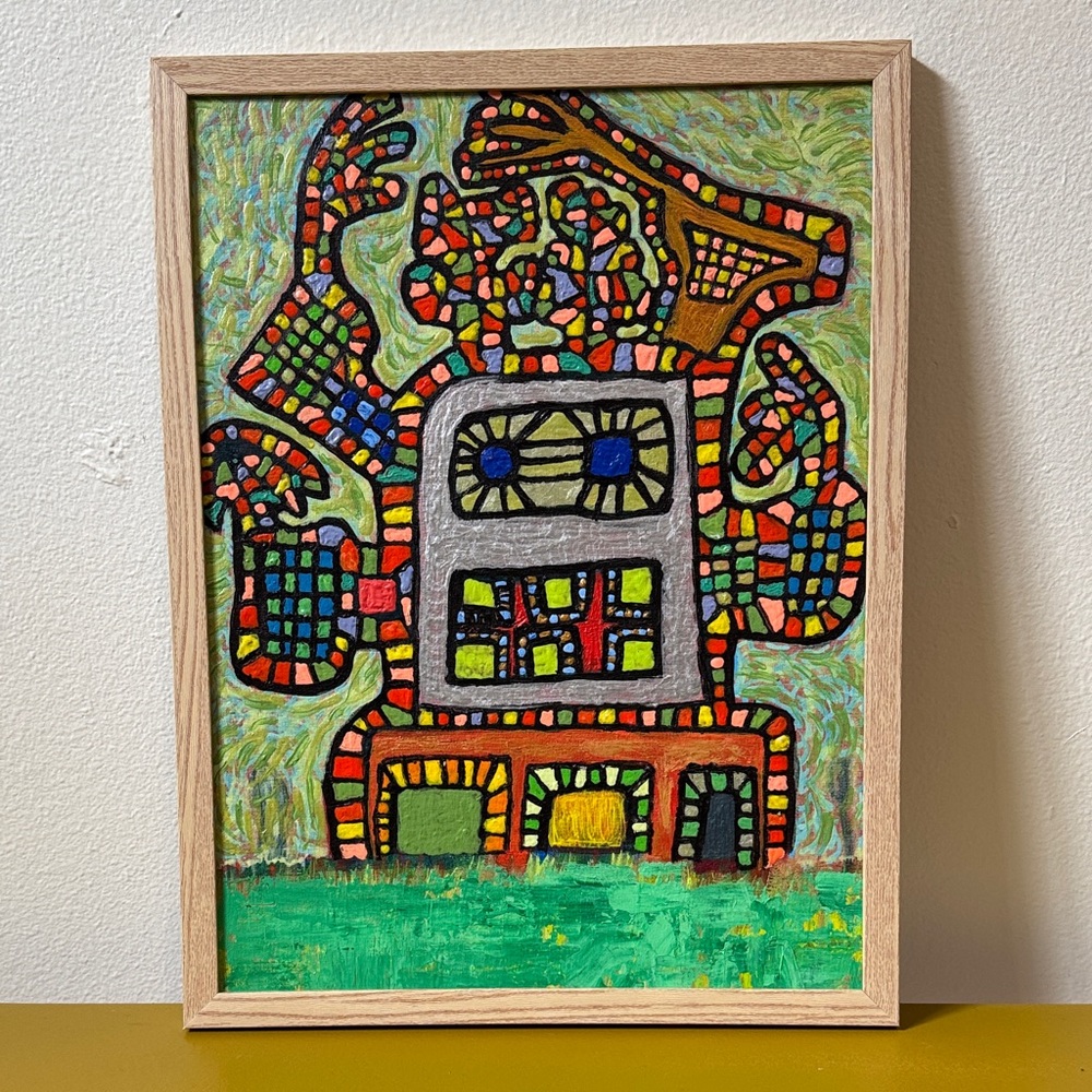 Colorful Abstract Mosaic Painting — Green, Orange, Yellow, Blue